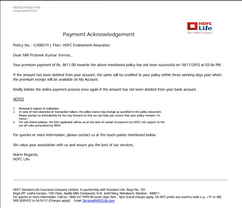 HDFC Life — Grievance related to the premium payment for policy number ...