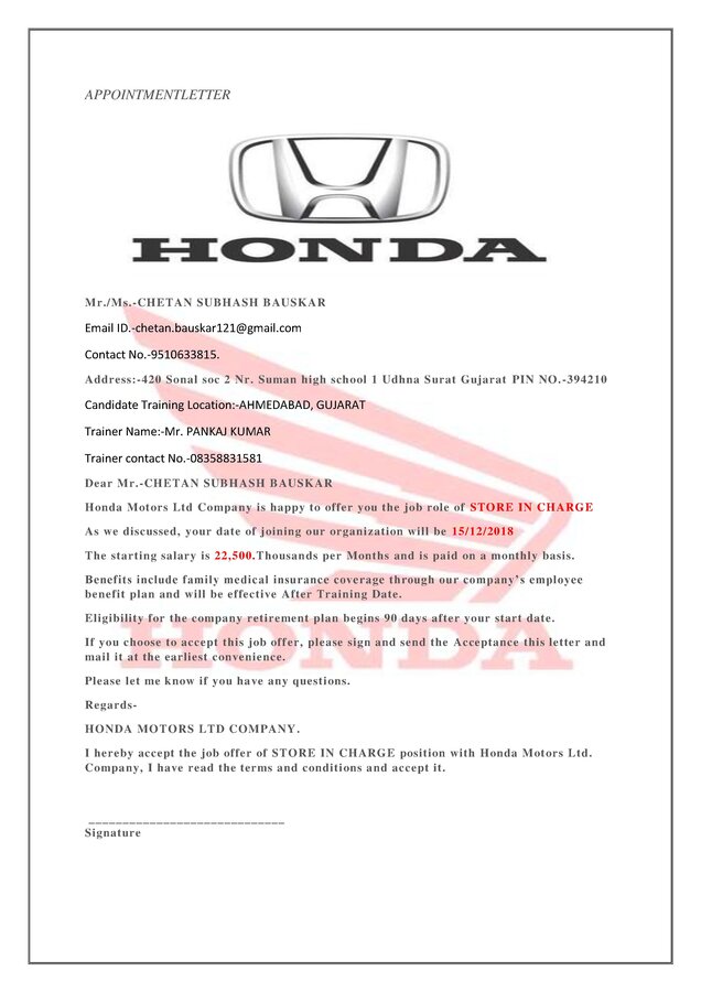 Honda Cars India Ltd. — regarding offer letter