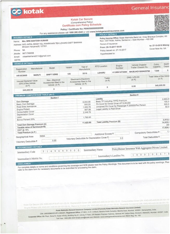 Kotak Mahindra Bank — issue regarding car insurance claim wherein our