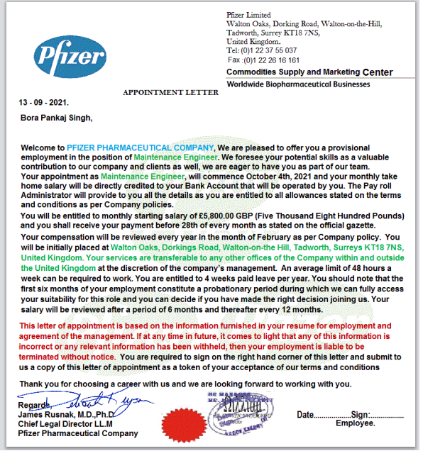 pfizer — Offer letter is fake or Genuine