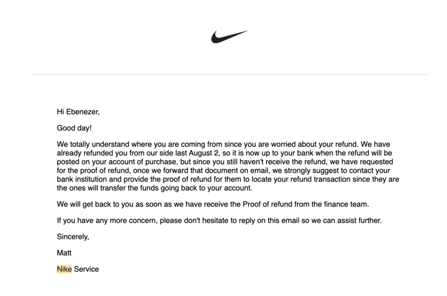 Nike India — Refund Not Issued Since 30 Days